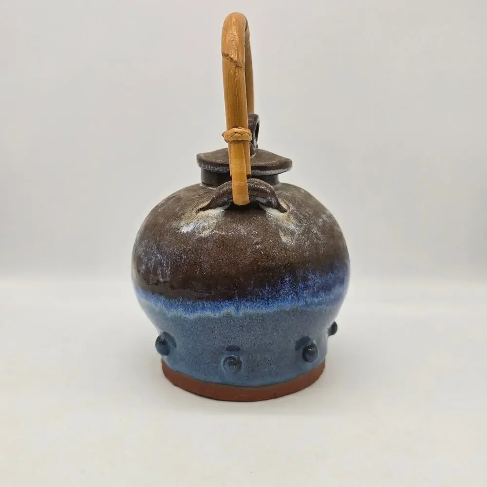 Vintage Hand Thrown Bamboo Handle Teapot Retro Blue and Brown Artist Signed